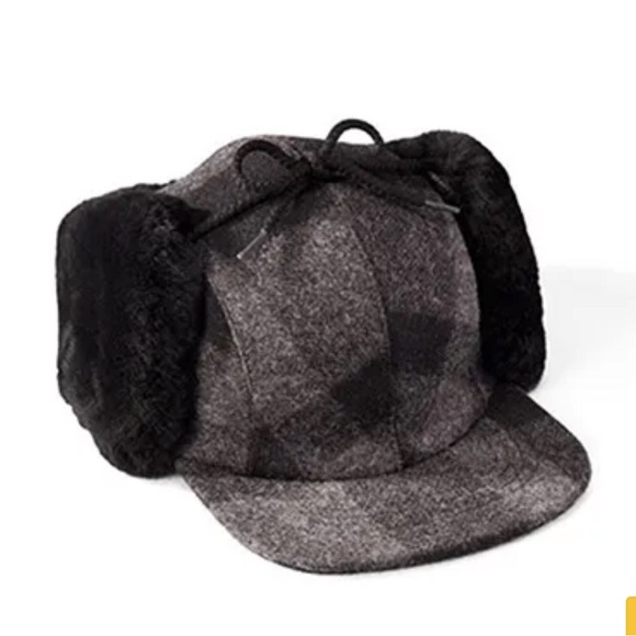 Vintage Filson Hat Double Mackinaw Cozy Black Gray Plaid Winter WoolFlap USA L